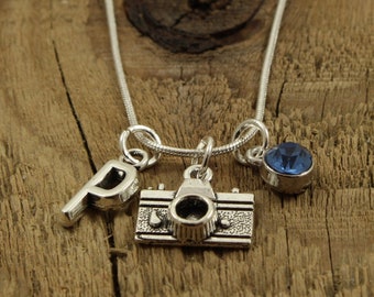 Camera necklace, silver camera necklace, camera charm, personalised necklace, initial charm, birthstone, photographer gift, photography gift