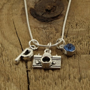Camera necklace, silver camera necklace, camera charm, personalised necklace, initial charm, birthstone, photographer gift, photography gift