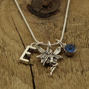Fairy pendant, fairy necklace, silver fairy necklace, personalised necklace, initial charm, birthstone, fairy gift, fairy fan, magical, gift