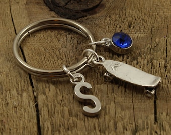 Skateboard keyring, skateboard keychain, personalised keyring, personalized keychain, initial charm, skateboarder gift, skateboarder keyring