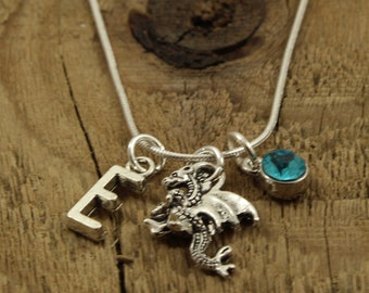 Dragon necklace, dragon pendant, silver dragon necklace, personalised necklace, initial charm, birthstone, dragon gift, dragon fan, dragon