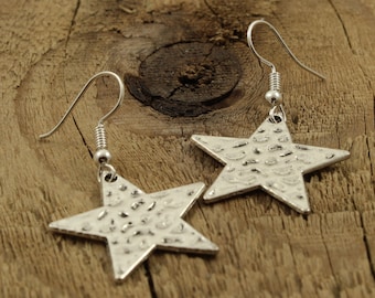 Hammered star earrings, silver star earrings, dangly star earrings, stars, silver star jewellery, star drop earrings, hammered star, gift