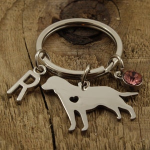 May include: Silver keyring with a Labrador silhouette, a letter 'R' charm, and a pink rhinestone.