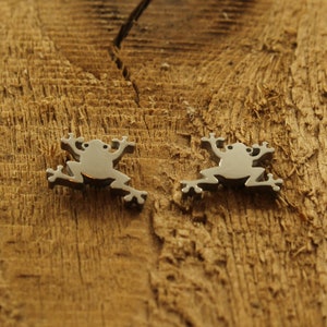Può includere: Due orecchini a forma di rana color argento. Gli orecchini sono piccoli e dettagliati, posti su una superficie di legno marrone strutturata. Le rane sono raffigurate in una posa giocosa, con le braccia e le gambe tese.