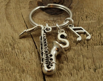 Saxophone keychain, saxophone keyring, personalised saxophone gift, personalized, initial charm, musician gift, saxophonist, sax player, sax