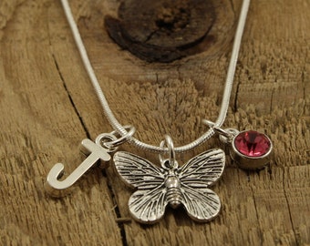 Butterfly necklace, butterfly pendant necklace, silver butterfly charm, personalised necklace, initial charm, birthstone, butterfly gift