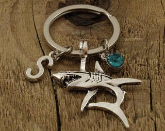 Shark keyring, shark keychain, shark charm, personalised shark keyring, personalized shark keychain, initial charm, birthstone, shark gift