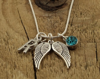 Angel wing necklace, silver angel wing necklace, angel wing charm, personalised necklace, initial charm, memorial gift, angel wing gift