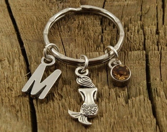 Mermaid keyring, mermaid keychain, personalized mermaid gift, name keyring, initial keychain, personalised birthstone keyring, sea