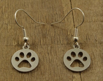 Stainless steel paw earrings, dog paw earrings, silver paw print earrings, dog earrings, dog lover gift, canine earrings, dog gift, circle