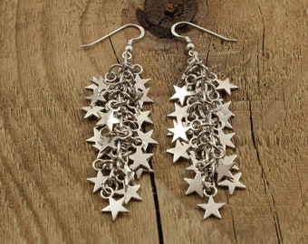 Long silver star earrings, dangly star earrings, dangle drop earrings, cluster jewelry, silver star earrings, star cluster earrings, stars