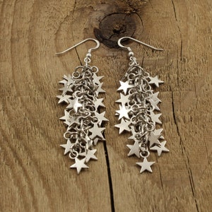 Long silver star earrings, dangly star earrings, dangle drop earrings, cluster jewelry, silver star earrings, star cluster earrings, stars