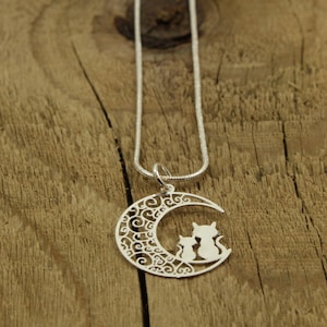 Cats necklace, moon pendant, cat lover gift, cat fan, silver cat necklace, cat charm, cats and moon, silver cat pendant, feline gift, moon