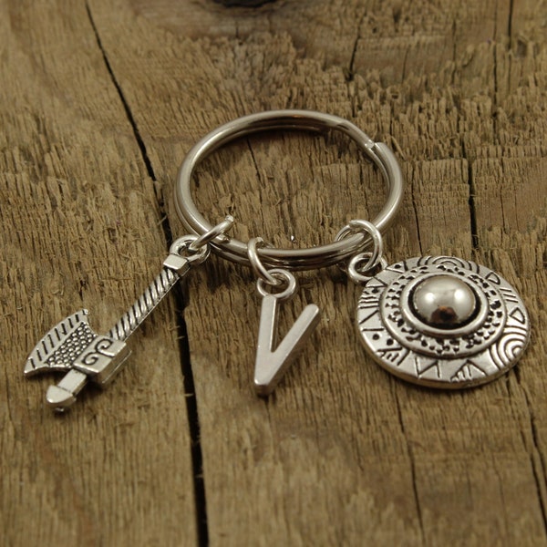 Viking keyring, Viking keychain, axe charm, personalised keyring, personalized keychain, initial charm, vikings gift, viking shield, warrior