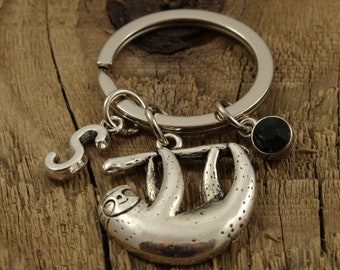 Sloth keyring, sloth keychain, silver sloth, personalised sloth keyring, personalized sloth keychain, initial charm, birthstone, sloth gift