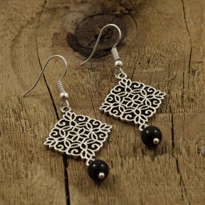 Intricate floral earrings, filigree earrings, silver filigree earrings, square charm earrings, silver square earrings, silver and black