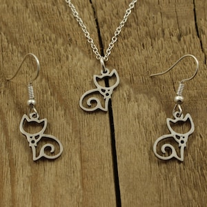 Silver cat necklace, cat pendant, cat earrings, cat necklace and earrings, cat fan, cat gift, silver cat, cat lover, cat silhouette, outline
