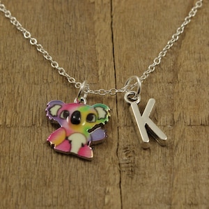 Personalised koala necklace, koala necklace, initial charm necklace, initial pendant necklace, alphabet charm, koala gift, colourful, koala