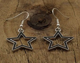 Black star earrings, star earrings, dangly star earrings, star charm earrings, silver star jewellery, star drop earrings, black stars, star