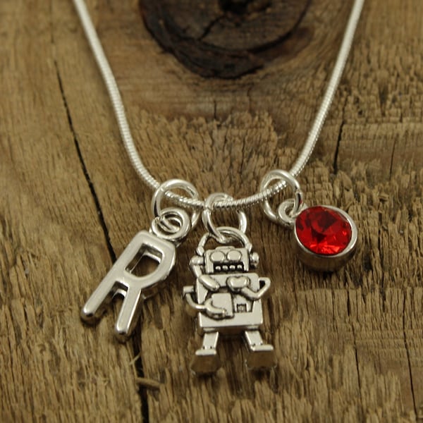 Robot necklace, silver robot necklace, robot charm, personalised necklace, initial charm, birthstone, robot gift, robot fan, robot pendant