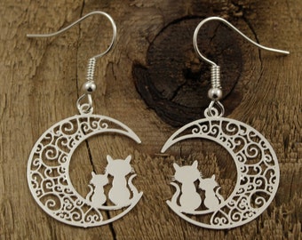 Silver moon earrings, cat earrings, silver cat earrings, cat jewellery, cat lover gift, feline jewellery, feline earrings, cats, moon charm