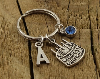 Birthday cake keyring, birthday cake keychain gift, personalized birthday, initial charm keyring, birthday charm, birthstone charm, cake