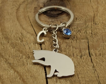 Silver cat keyring, cat keychain, large cat keyring, personalised cat gift, cat lover gift, cat fan gift, personalized, initial, birthstone