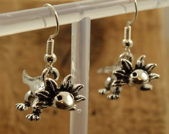 Axolotl earrings, silver axolotl earrings, dangly axolotl, axolotl fan, silver axolotl, axolotl gift, cute axolotl, animal lover, 3d axolotl
