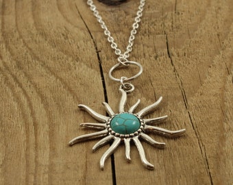 Collier pendentif soleil, long collier soleil, collier soleil argent, sautoir, long collier argent, pendentif soleil, turquoise, cadeau soleil