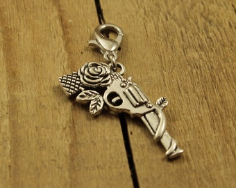 Gun zipper charm, gun clip, zipper charm, gun zip charm, silver gun charm, zip charm, gun zip pull, guns and roses, zip pull, floral gun