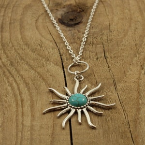 Sun pendant necklace, long sun necklace, silver sun necklace, long necklace, long silver necklace, sun pendant, turquoise, sunshine gift