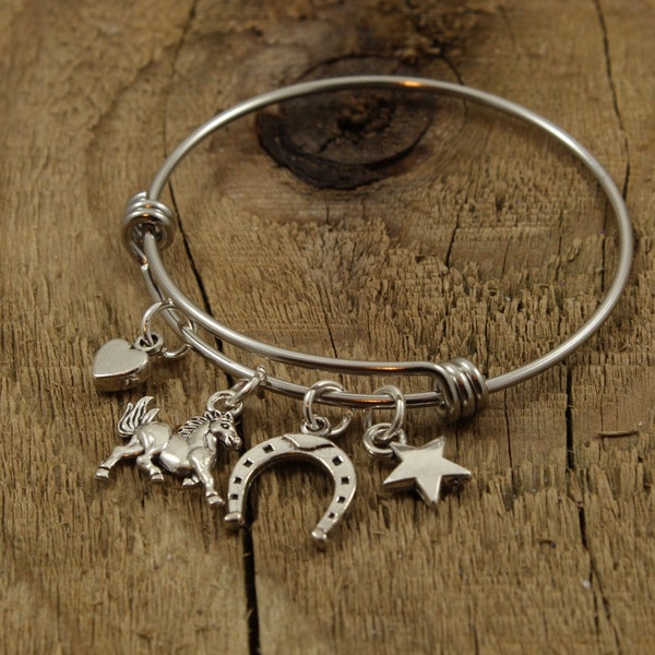 Horse bracelet, horse bangle, equestrian bangle, equestrian bracelet, silver bangle bracelet, horse rider gift, horse lover gift, horseshoe