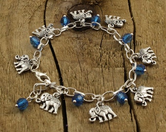 Olifant armband, olifant bedelarmband, verstelbare bedelarmband, zilveren olifant bedelarmband, cadeau olifant fan, cadeau blauwe olifant