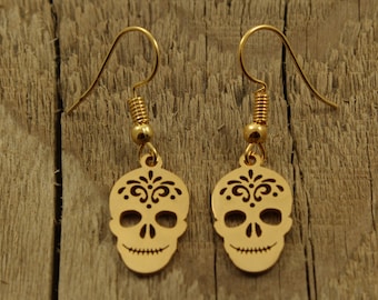 Gold sugar skull earrings, sugar skull jewellery, gold skull earrings, sugar skull gift, pretty skull earrings, dangly skull earrings, gift