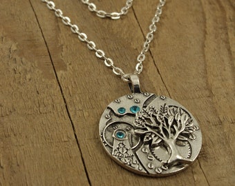 Silver tree of life necklace, long necklace, silver tree necklace, tree pendant, tree of life, gardener gift, turquoise, circle pendant