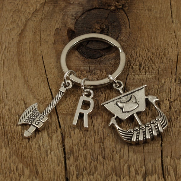 Viking keychain, Viking keyring, axe charm, personalised keyring, personalized keychain, initial charm, vikings gift, viking ship, warrior