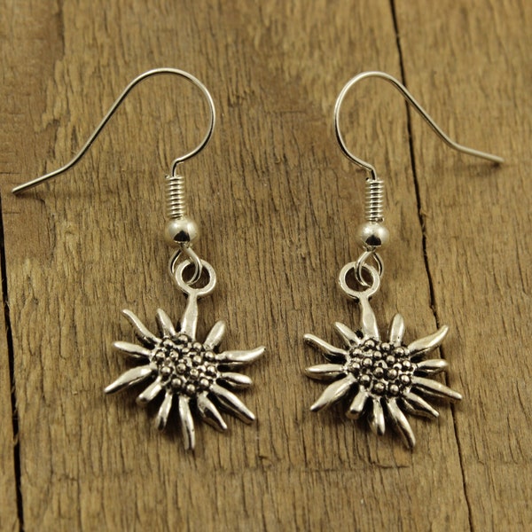 Edelweiss earrings, silver edelweiss earrings, silver flower earring, silver flower, dangly flower earrings, edelweiss gift, edelweiss, gift