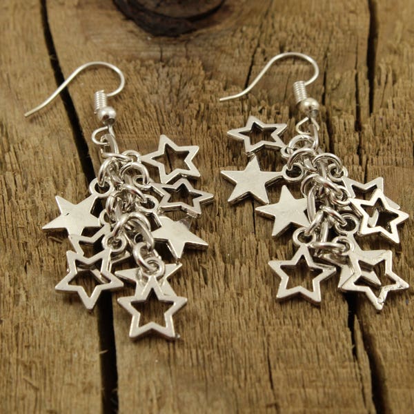Silver star earrings, dangly star earrings, dangle drop earrings, cluster jewelry, silver star bead earrings, star cluster earrings, stars