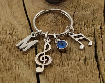 Music keyring, music keychain, musical note keyring, personalised keyring, personalized keychain, initial charm, birthstone, treble clef