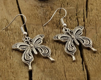 Silver butterfly earrings, butterfly pendant charm earrings, statement butterfly jewellery, nature earrings, gift for butterfly fan, ornate