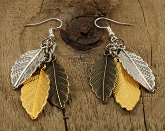 Three colour leaf earrings, leaf cluster earrings, dangly leaf earrings,  silver leaf charm earrings, gold leaf, silver leaf, bronze leaf