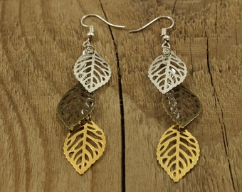 Three colour leaf earrings, leaf cluster earrings, dangly leaf earrings,  silver leaf charm earrings, gold leaf, silver leaf, bronze leaf