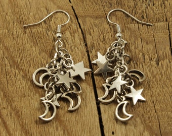 Star and moon cluster earrings, dangly star earrings, cluster jewellery, silver star and moon earrings, star cluster earrings, stars, moons