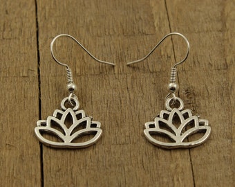 Silver lotus earrings, lotus flower earrings, lotus flower charms, dangly lotus earrings, floral jewellery, dangly flower earrings, lotus