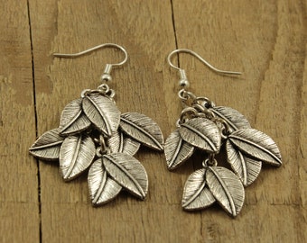 Silver leaf cluster earrings, leaf earrings, dangly leaf earrings, cluster earrings, leaf charm earrings, leaf cluster earring, leaf, leaves