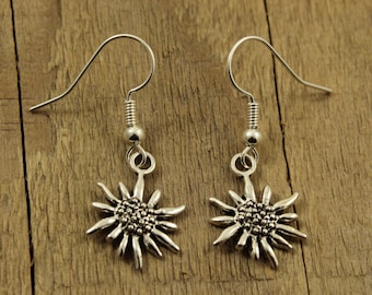 Edelweiss earrings, silver edelweiss earrings, silver flower earring, silver flower, dangly flower earrings, edelweiss gift, edelweiss, gift