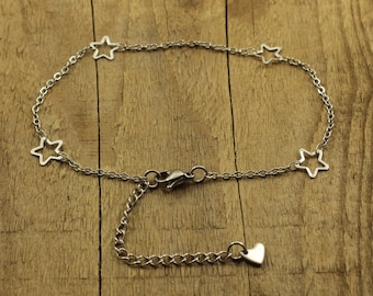 Silver star anklet, open star anklet, 9 inch anklet, stainless steel, chain of stars anklet, anklet, summer, celestial anklet, starry, stars