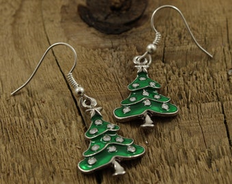 Enamel Christmas tree earrings, festive jewellery, green xmas tree earrings, christmas earrings, festive earrings, xmas novelty earrings