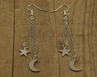 Dangly star moon earrings, galaxy earrings, dangly moon earrings, star earrings, silver moon jewellery, dangly moon earrings, moon and stars