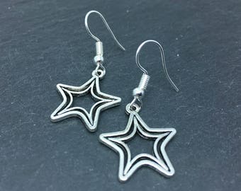 Star earrings, silver star earrings, dangly star earrings, star charm earrings, silver star jewellery, star drop earrings, star gift for her